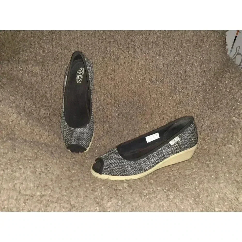 KEEN Cortana-Wedge Jute Shoes-Black/Gray Peep Toe-Sz 7-Near Mint
